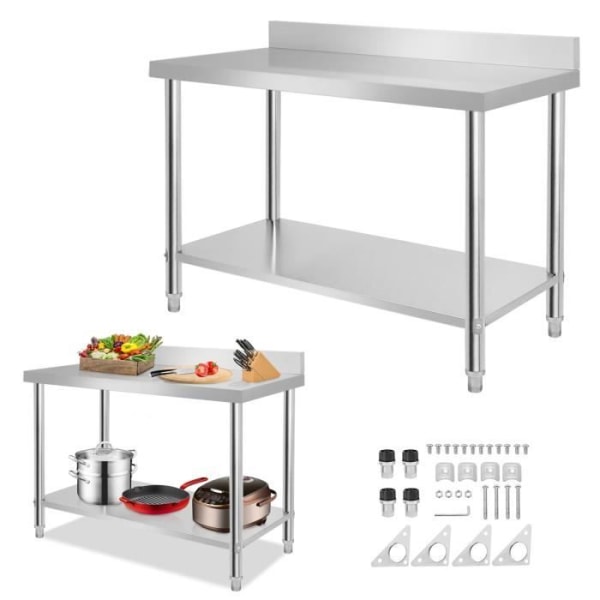 HENGMEI Köksbord i rostfritt stål Höjdjusterbart för kök, bar, restaurang 120 x 60 x 85 cm med baffel