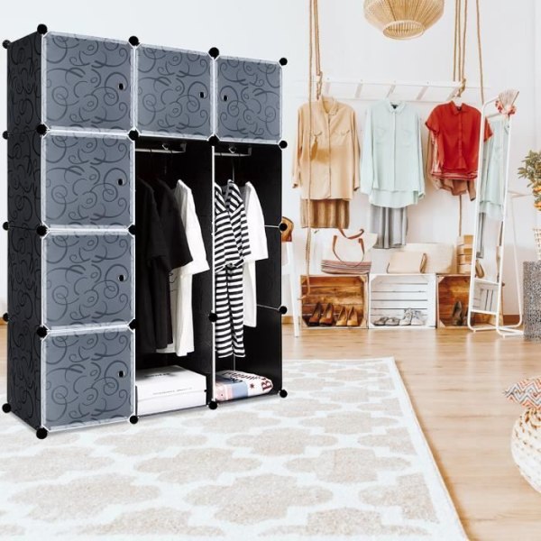 HENGMEI 12 Box Förvaringsskåp med dörr Svart DIY-hyllsystem DIY-garderob