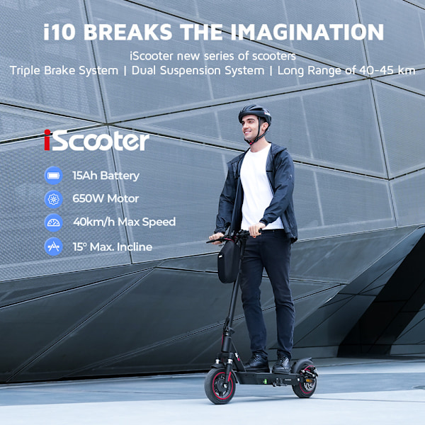 Elscooter iScooter i10 elektrisk skoter| 40-45 km räckvidd, 650 W motor, 10" luftfyllda däck, dubbla bromsar, 120 kg kapacitet (svart)