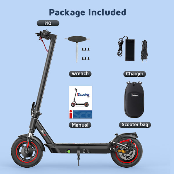 Elscooter iScooter i10 elektrisk skoter| 40-45 km räckvidd, 650 W motor, 10" luftfyllda däck, dubbla bromsar, 120 kg kapacitet (svart)