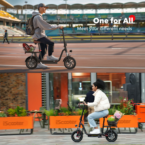 Elscooter iScooter i12 elektrisk skoter med säte för vuxna, 500 W, 12 tum, dubbel fjädring, för stadspendling, med basket-svart