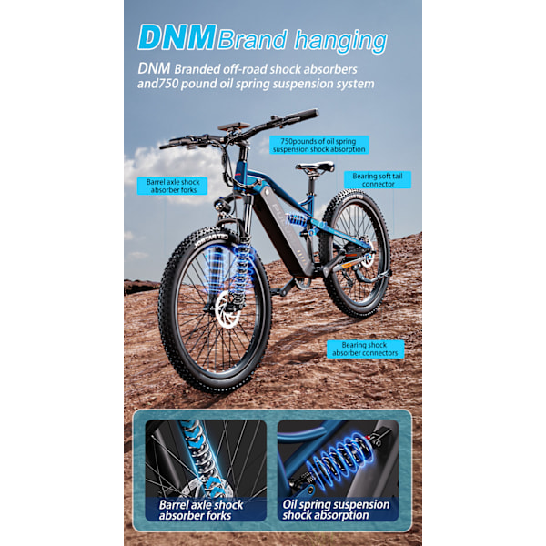 Elcyklar PULUMA PH001 El-mountainbike – 48V20AH batteri🔋, 80 km elektriskt läge, 180 km assisterad, 9-växlad Shimano⚙️, hydrauliska bromsar🛑 – Blå