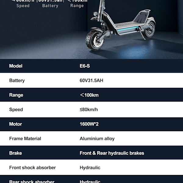 Elscooter JOYOR E6-S elektrisk skoter - 1600W*2 motorer 60V31.5AH Batteri 85KM Räckvidd Skivbromsar - Svart