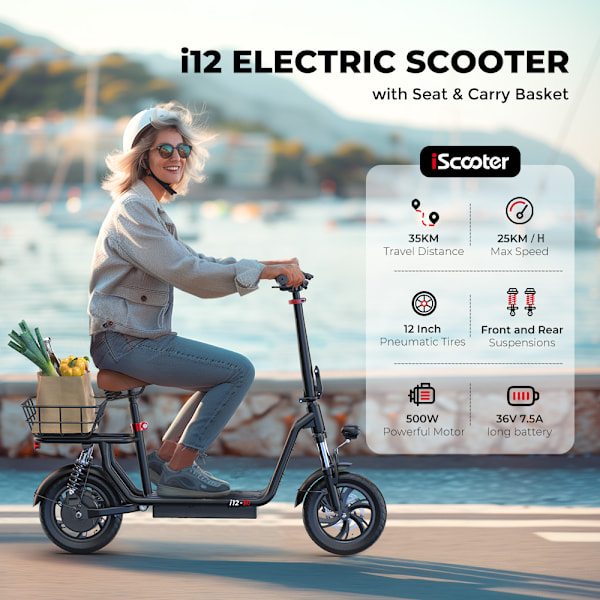 Elscooter iScooter i12 elektrisk skoter med säte för vuxna, 500 W, 12 tum, dubbel fjädring, för stadspendling, med basket-svart