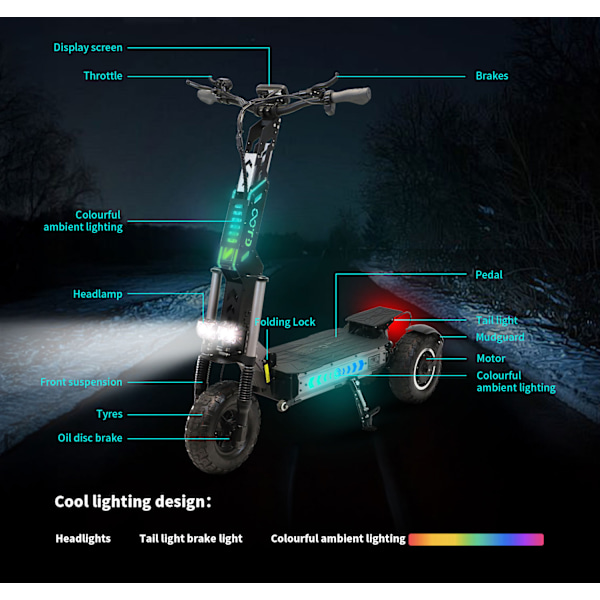 Elscooter OOTD T30 elektrisk trehjuling skoter, 1600W * 2 dubbla motorer, 31.2AH batteri, 13 " off-road däck, räckvidd 100 km, fällbar