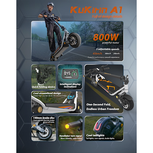 Elscooter KuKirin A1 Elcykel – 45 km/h, 48V 13Ah batteri, 800W motor, 120 kg lastkapacitet – Snabbfällbar design