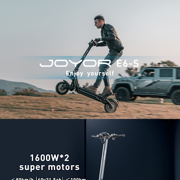 Elscooter JOYOR E6-S elektrisk skoter - 1600W*2 motorer 60V31.5AH Batteri 85KM Räckvidd Skivbromsar - Svart