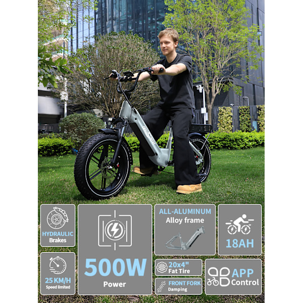 Elcyklar ONESPORT OT08 Grå Elcykel, 500W motor, 48V 18AH batteri, hastighet 25 km/h, räckvidd 35-90 km