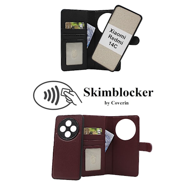 Skimblocker Xiaomi Redmi 14C Magnet Plånboksfodral Mörkröd