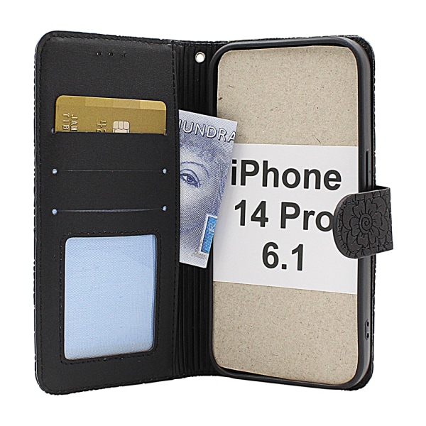 Flower Standcase Wallet iPhone 14 Pro (6.1) Svart
