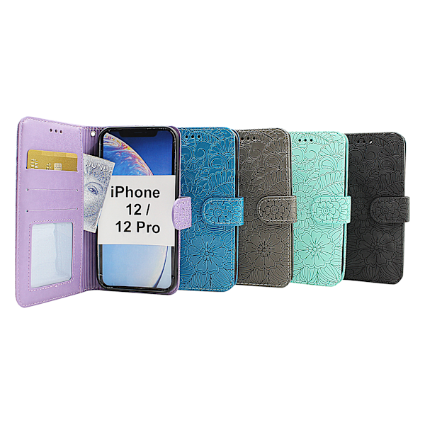 Flower Standcase Wallet iPhone 12 / 12 Pro (6.1) Svart