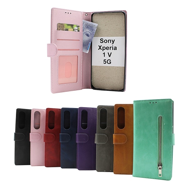 Zipper Standcase Wallet Sony Xperia 1 V 5G (XQ-DQ72) Grå