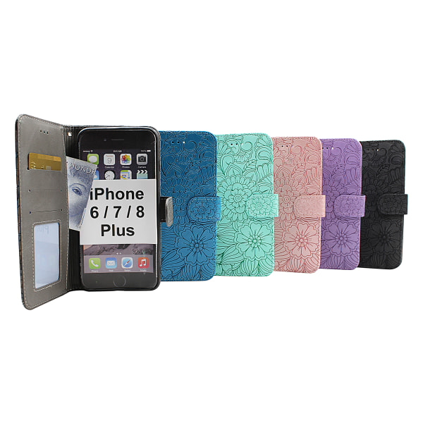 Flower Standcase Wallet iPhone 6 Plus / 7 Plus / 8 Plus Blå