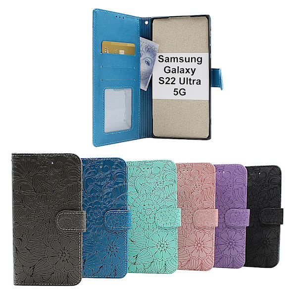 Flower Standcase Wallet Samsung Galaxy S22 Ultra 5G Aqua
