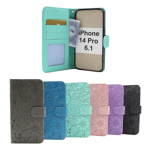 Flower Standcase Wallet iPhone 14 Pro (6.1) Blå