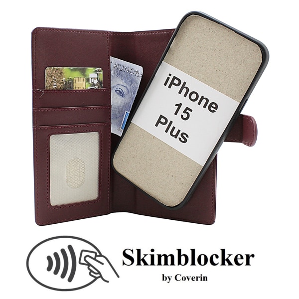 Skimblocker iPhone 15 Plus Magnet Plånboksfodral Mörkröd