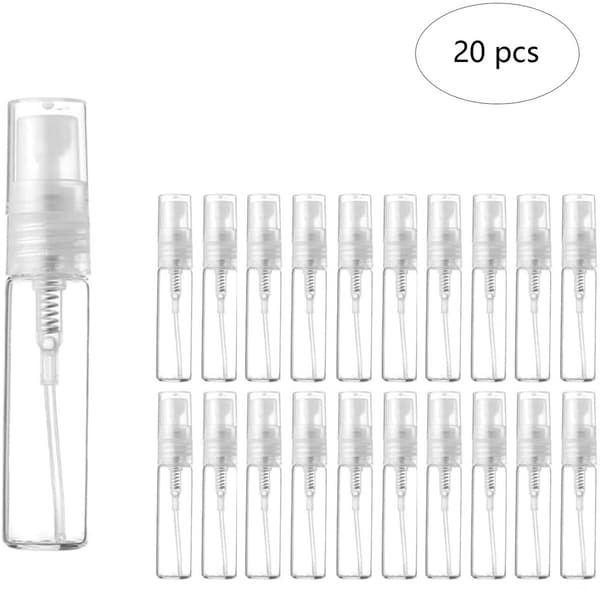 20 x 5 ml sprayflaskor i glas med fin dimma, med trattdispenser, för parfymer och eteriska oljor, vit.