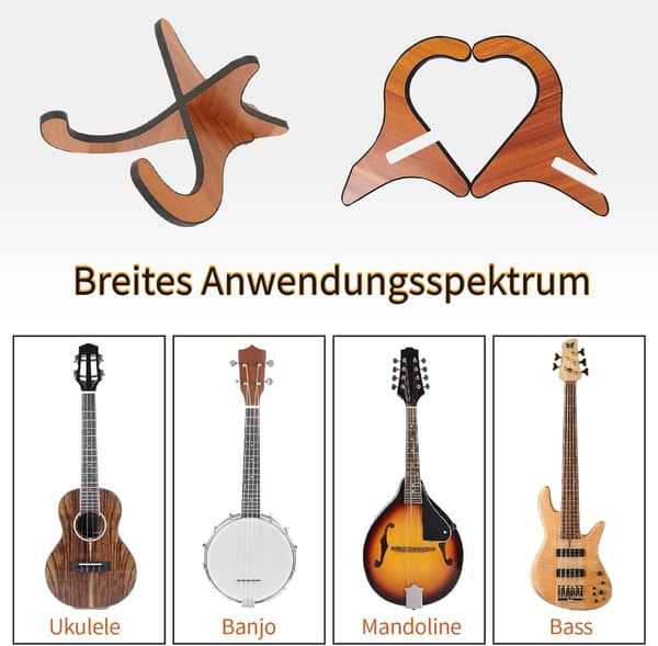 Gitarrställ, ukulele-ställ i trä, ukulele-ställ lämpligt för mandoliner, fioler och mindre utrustning (ej lämpligt för gitarrer)