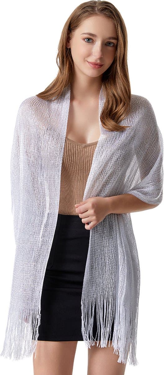 Heldräkt - Vit (175 x 45 cm) Sjal - Damshawl med tofsar