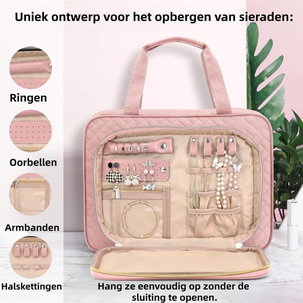 Multifunktionell necessär med smyckesfack, stor storlek, rosa