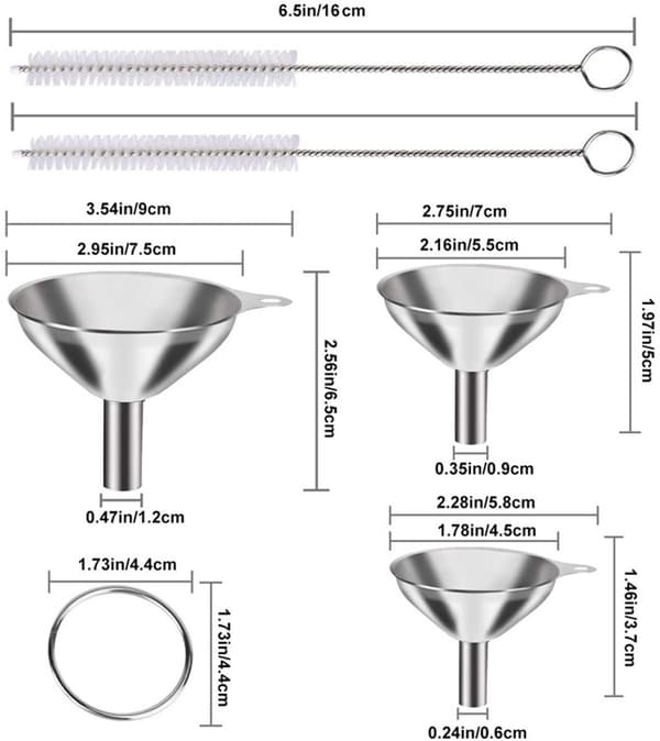 Köksfunnelset (liten, medium, stor), inkluderar 2 rengöringsborstar, vätske-/pulverdispenser, silver.
