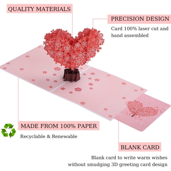 Pop Up Grattiskort 3D Hjärta Form Sakura Mors Dag Födelsedag Alla Hjärtans Dag Kort för Fru, Mamma, Kvinnor, Syster, Älskling, Flickvän