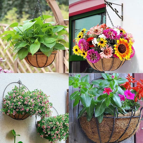 Två hängande blomkrukor med kokosfiberfoder, 25,5 cm, med kedja, lämpliga för balkongträdgårdar, bruna.