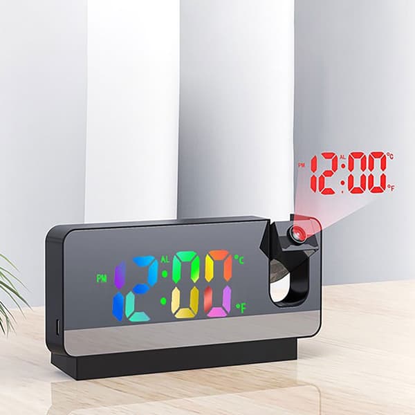 Digital projektorväckarklocka för sovrum, dubbla väckarklockor med snooze-funktion, USB-driven, lämplig för nattduksbord, svart.
