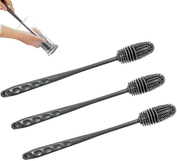 Tre-delad långskaftad silikonmuggborstsats, 31,5 cm, 360° flexibel, för rengöring av vattenflaskor, nappflaskor och isolerade behållare, grå.