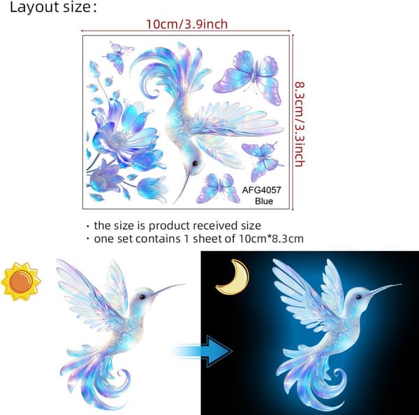 Självlysande kolibri-väggdekaler för sovrum/barnkammare, Halloween-dekoration, present till barn, blå