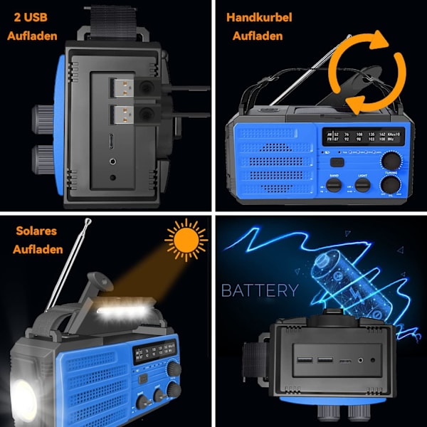 Veva Radio med vev, 8000mAh - Soldriven portabel AM/FM/NOAA väderradio