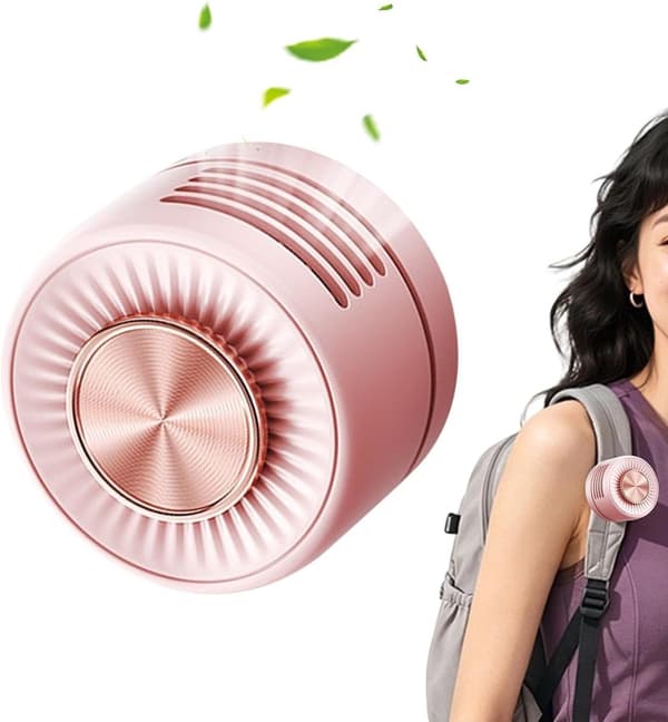Klämbar bladlös midjefläkt, 360° justerbart luftflöde, trådlös och bärbar, rosa.