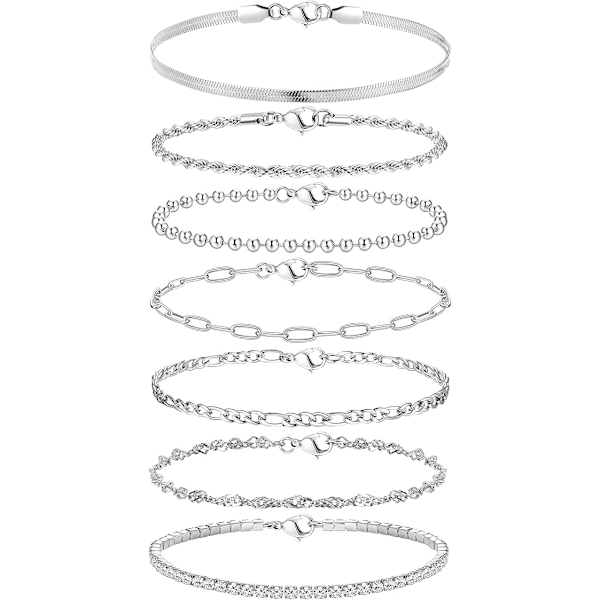 7 st Kedjearmband för Kvinnor 14K Guldpläterade Stapelbara Armband Kubisk Zirkonia Justerbart Länk Charmarmband Set Silver