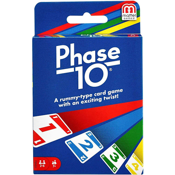 Mattel Games Phase 10 kortspel, sekvenser som i rummy, innehåller 108 kort, för hemmabruk.