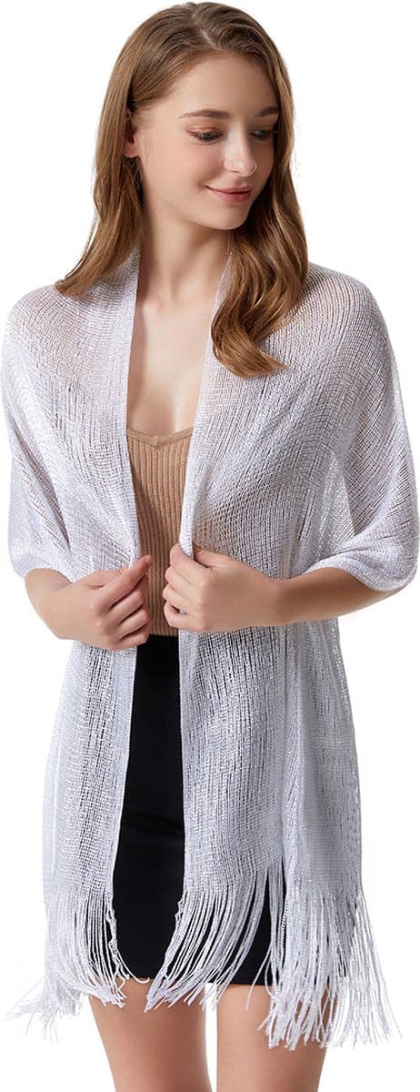 Heldräkt - Vit (175 x 45 cm) Sjal - Damshawl med tofsar