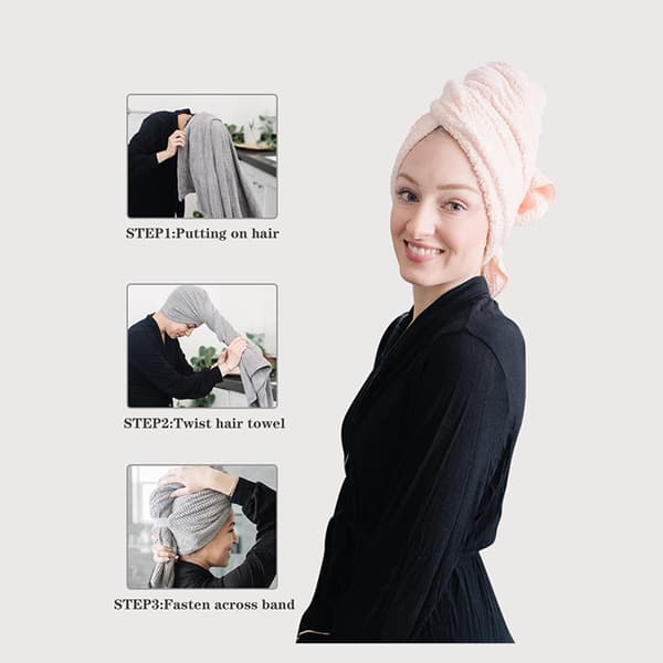 Hårtorkningshanddukar i mikrofiber, 2-pack, 105×60cm, med hängrep, rosa och grå.