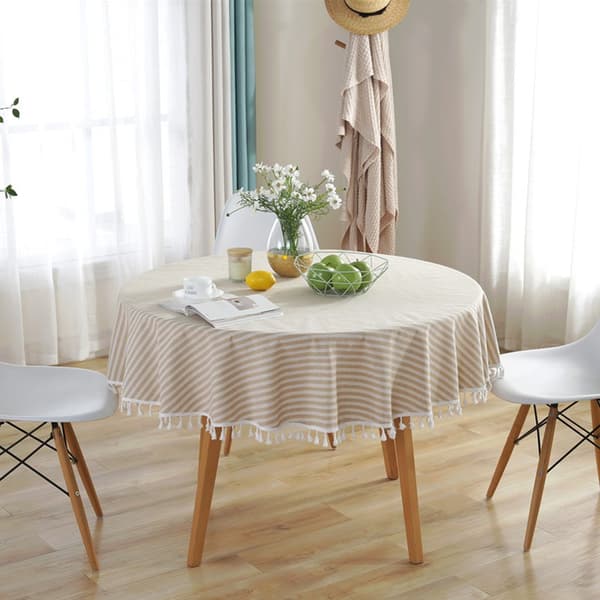 Beige Rund Duk - Tvättbar Duk med Linne-look - Boho Duk - 150cm