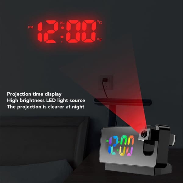 Digital projektorväckarklocka för sovrum, dubbla väckarklockor med snooze-funktion, USB-driven, lämplig för nattduksbord, svart.
