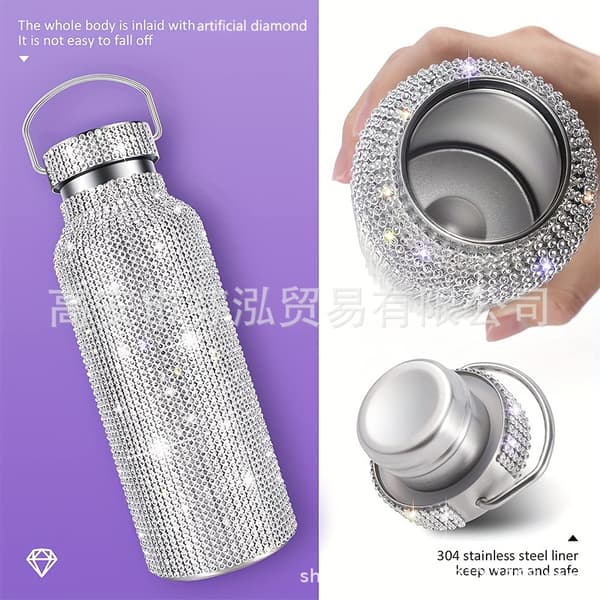 Diamantvattenflaska, isolerad vattenflaska i rostfritt stål, glittervattenflaskor återfyllningsbara vattenflaskor för kvinnor silver (500 ml)