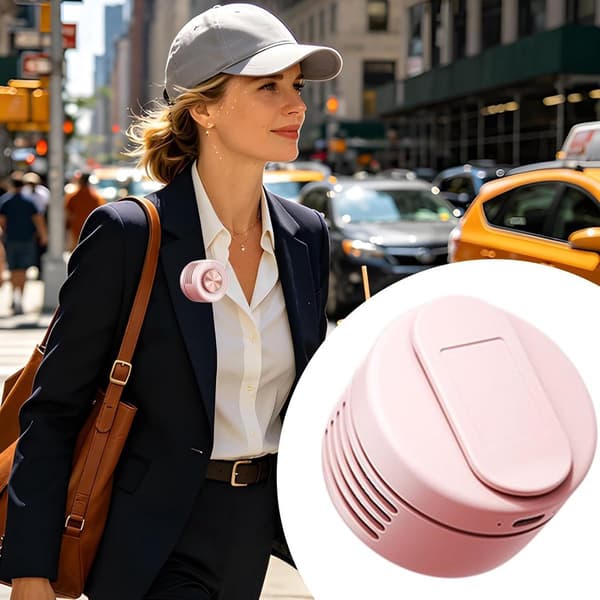 Klämbar bladlös midjefläkt, 360° justerbart luftflöde, trådlös och bärbar, rosa.