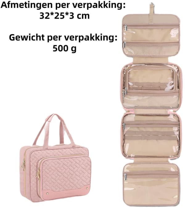 Multifunktionell necessär med smyckesfack, stor storlek, rosa
