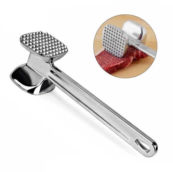 Dubbelsidig köttmörningshammare i aluminium, kan hängas upp, mörar biffar, silver.