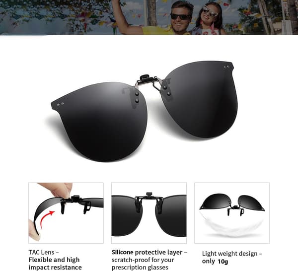 Uppfällbara polariserade clip-on solglasögon, UV-skydd, passar de flesta bågar, unisex, svarta.
