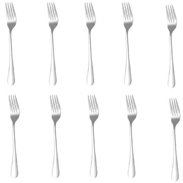 10-delad middagsgaffelset i rostfritt stål, 18,8 x 2,4 cm, västerländska dessertgafflar, silver.