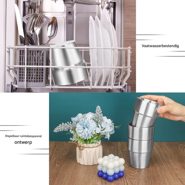 Stapelbar campingmugg i 304 rostfritt stål (2 delar), 260 ml, för utomhus- och hemmabruk, silver
