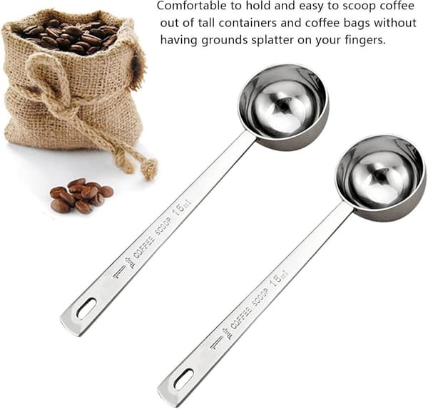 15 ml långskaftad mätsked i rostfritt stål (två delar), för mätning av kaffe och teblad, silver.