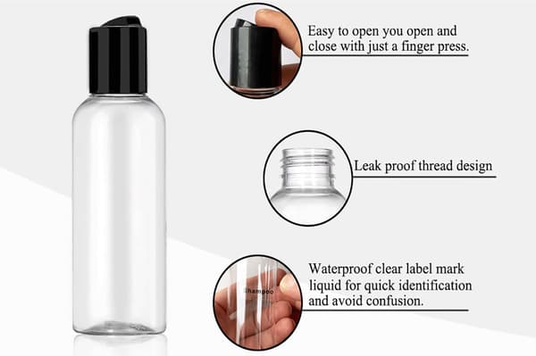 Reseflaskor i resestorlek (5-pack), 100 ml, ovalt snäpplock, lotion/handtvål, klar flaska med svart lock.