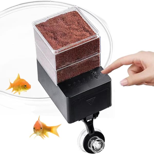 Automatisk akvariefoderautomat med 5 timerinställningar; lämplig för fiskar, räkor och hamstrar.