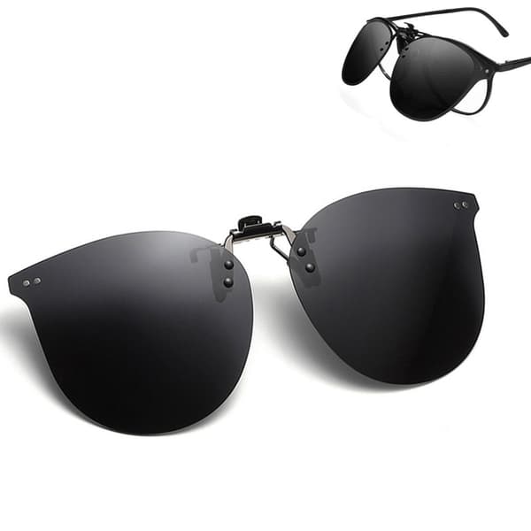 Uppfällbara polariserade clip-on solglasögon, UV-skydd, passar de flesta bågar, unisex, svarta.
