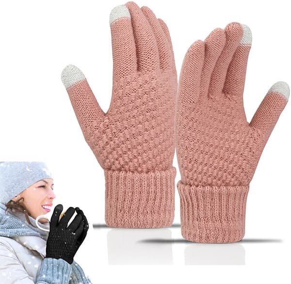 Stickade varma handskar för vuxna med pekskärm (1 par), fleecefoder, en storlek passar alla, vintervärme, rosa.